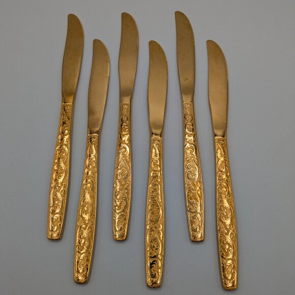 Americana Golden Heritage Flatware Golden Scroll 6 Dinner Knives 8"  - Vintage - Picture 2 of 12